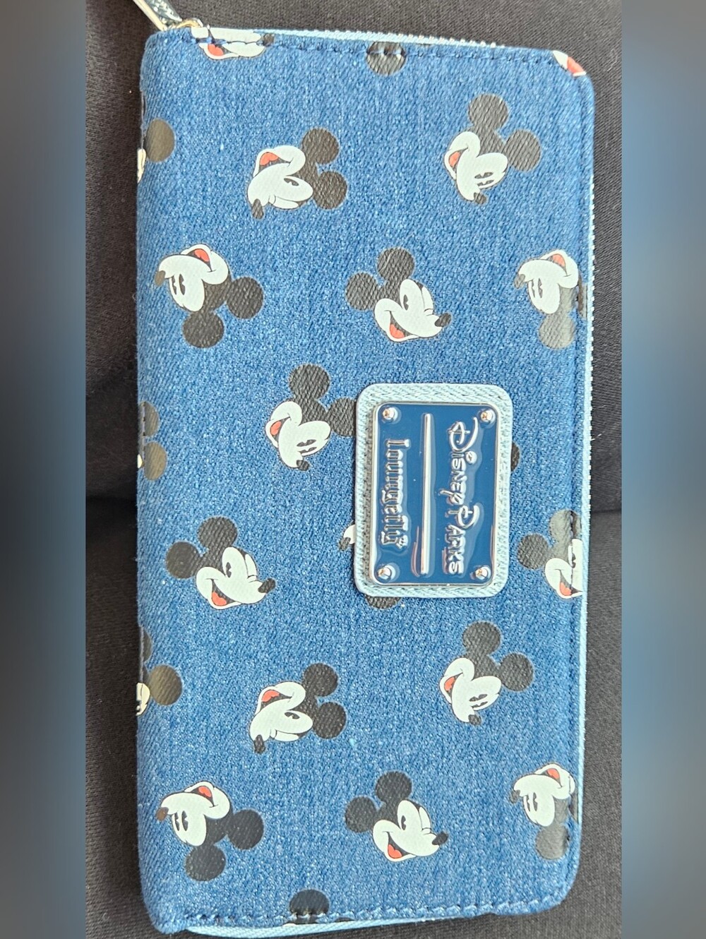 NWOT Disney Parks Loungefly Mickey Mouse Denim Zip Around Wallet Retro Face Prin
